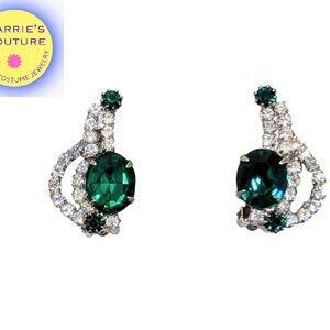 Vintage 1960s Signed Kramer Plated Faux-Emerald & Clear Rhinestone Clip Earrings